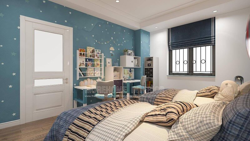 Thiết kế phòng ngủ của con với góc học tập được trang trí bắt mắt sẽ là gợi ý khá thú vị, bạn có thể tham khảo ý tưởng thiết kế phòng ngủ của 2 cậu con trai với bàn học được bố trí tách rời và cách bố trí kệ trang trí, giá để đồ như trong đây. Tùy từng diện tích nhà bạn có thể bố trí phù hợp với căn hộ, nhà phố hay nhà biệt thự của mình. Thiết kế phòng ngủ