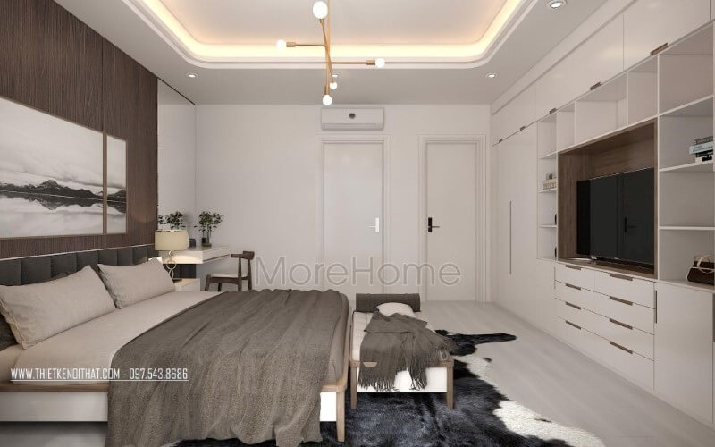 Bố trí phòng ngủ hiện đại đẹp, nhẹ nhàng sâu lắng với gam trắng từ tường kết hợp cùng gỗ óc chó sẫm màu ốp tường. Thiết kế phòng ngủ