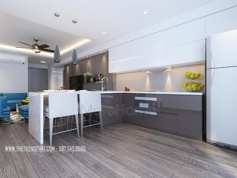 Nội thất phòng bếp hiện đại được thiết kế liền kề với không gian phòng khách giúp cho gia chủ có một không gian dùng bữa thuận tiện và ấm cúng hơn Thiết kế phòng bếp