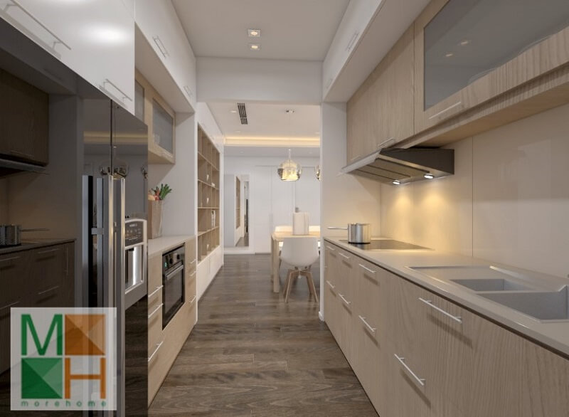 Thiết kế phòng bếp chung cư đẹp với hệ tủ bếp gỗ công nghiệp hiện đại,thông minh Thiết kế phòng bếp