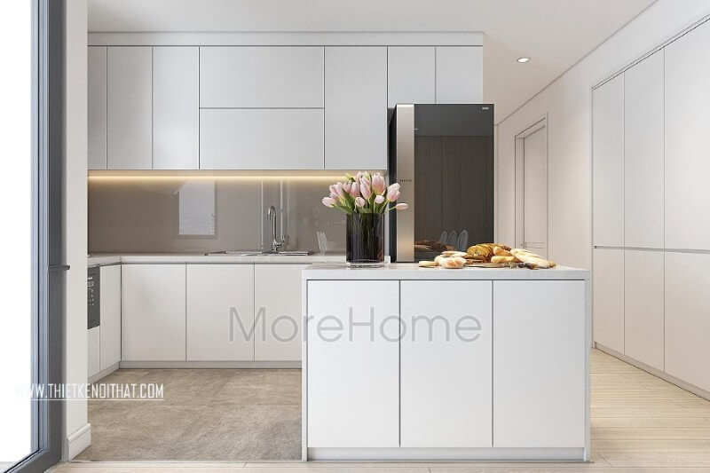 Thiết kế nội thất bếp chung cư, căn hộ hiện đại được quây gọn gàng thành một khu riêng biệt vẫn đảm bảo tính đồng nhất cho cả không gian  Nội thất phòng bếp