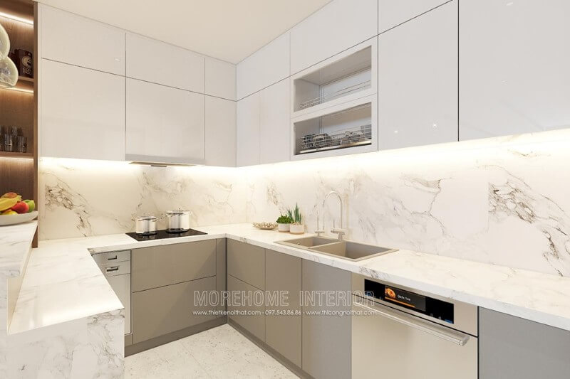 Hệ thống tủ bếp màu trắng, phân tách nhiều ngăn lớn nhỏ đáp ứng nhu cầu sắp xếp đồ nội thất  Tủ bếp đẹp