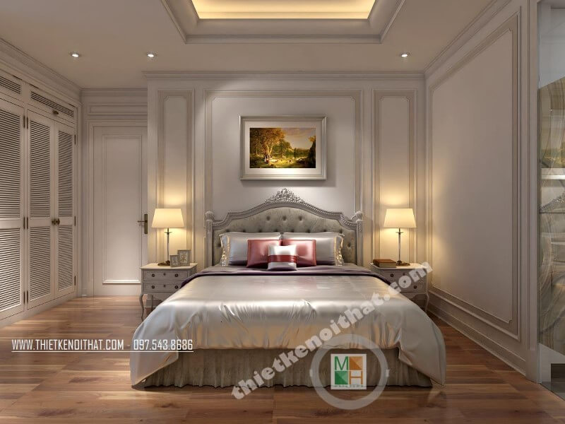 Đặc trưng của thiết kế nội thất phòng ngủ tân cổ điển là sự cầu kỳ tập trung ở đường nét đầu giường bởi lối trang trí hoàng gia