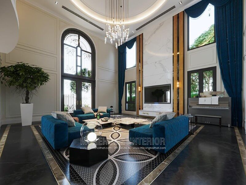 Hải Phòng được trang trí nội thất phòng khách biệt thự với một bộ sofa nỉ hiện đại cao cấp.