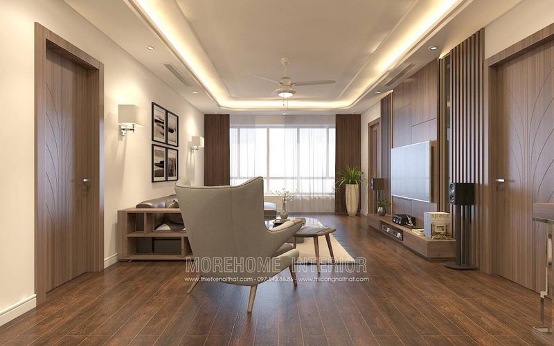 Mẫu cửa thông phòng có họa tiết trang trí được làm bằng gỗ vân tại Chung cư Thăng Long Number One MH08.