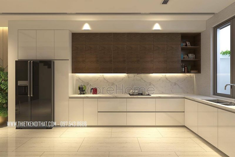 Tủ bếp treo gỗ công nghiệp màu nâu hiện đại, được trang bị nhiều ngăn tủ tiện lợi cho người sử dụng.
