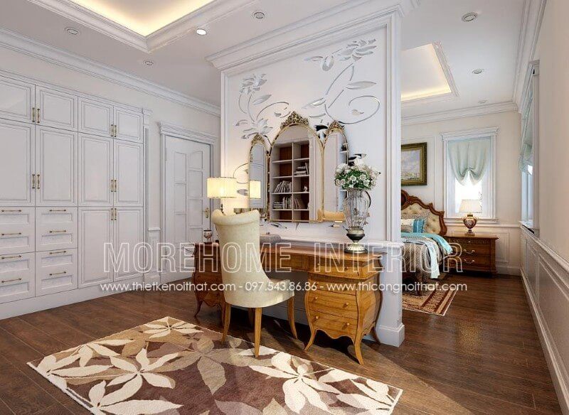 Sản phẩm bàn trang điểm gỗ óc chó có kiểu dáng tân cổ điển mang lại sự sang trọng cho nội thất phòng ngủ.