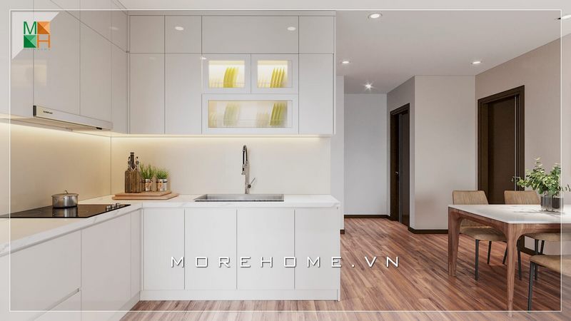 Morehome đề xuất cho bạn một mẫu thiết kế nội thất phòng bếp hiện đại, đẹp mắt và đơn giản phù hợp với diện tích hạn chế của căn hộ chung cư.